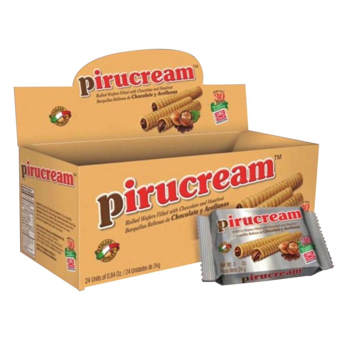 BARQUILLO RELLENO DE CREMA DE CHOCOLATE Y AVELLANAS PIRUCREAM CAJA 24 UND X 24 GR